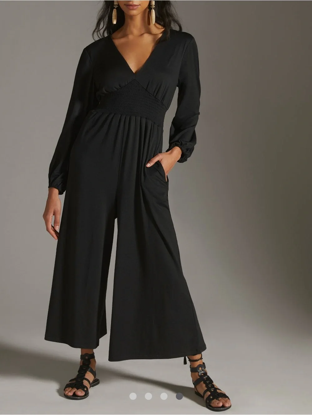 Anthro Hutch Black Wide-Leg Jumpsuit XL Smocked Waist V-Neck - Picture 1 of 10